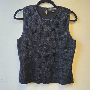 Vintage M Black Beaded Wool Blend Sleeveless Top Shell Dressy NIght Out